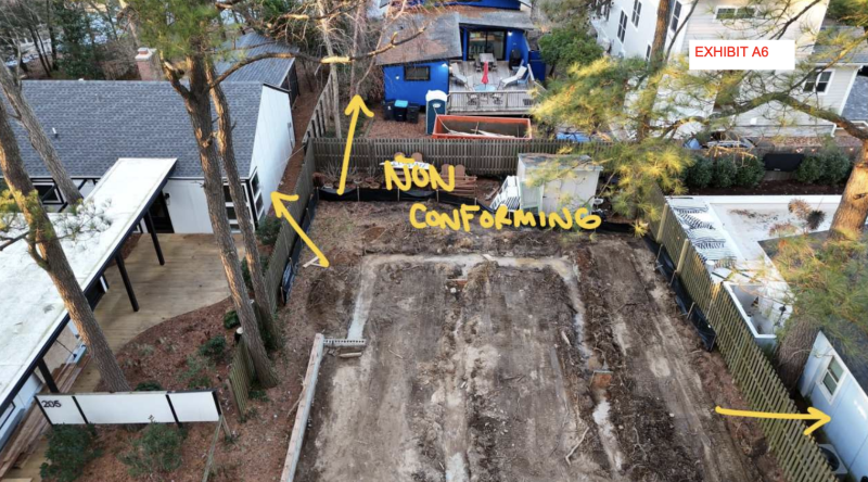An aerial photo of the lot at 203 Carolina St. in Dewey Beach shows adjacent nonconforming structures. PHOTOS COURTESY OF SWELL DESIGN BUILD